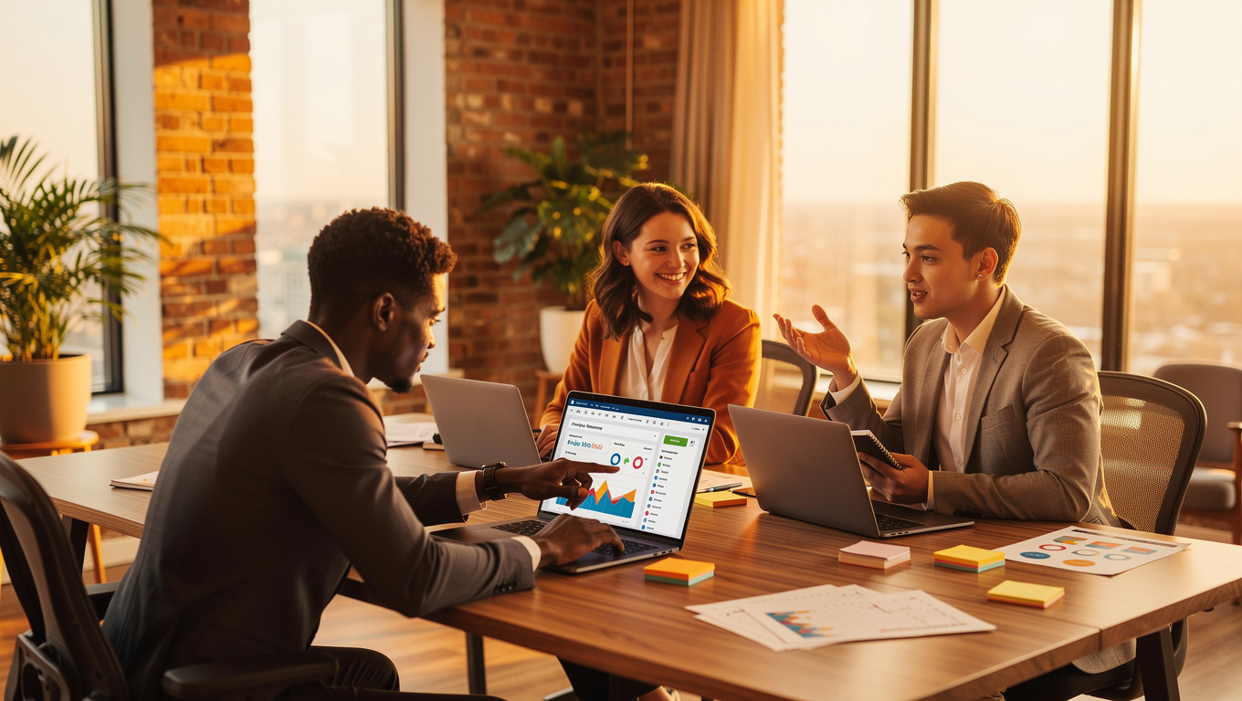 Creative marketing team collaborating on digital strategy